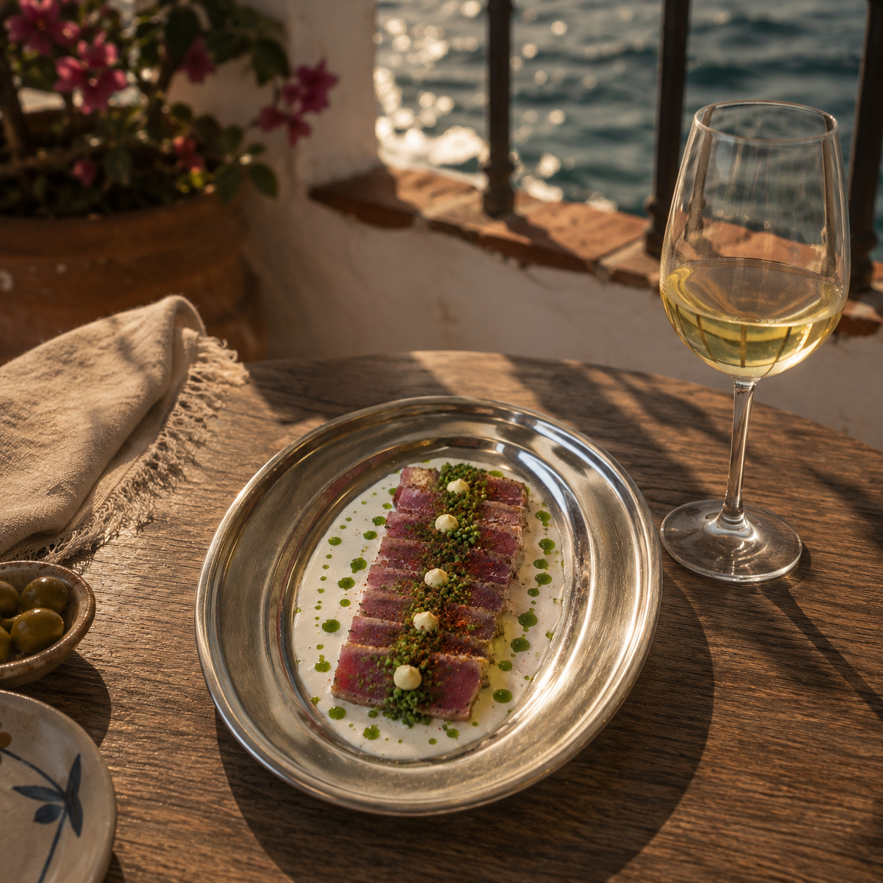 Solera dish with wine beside the sea